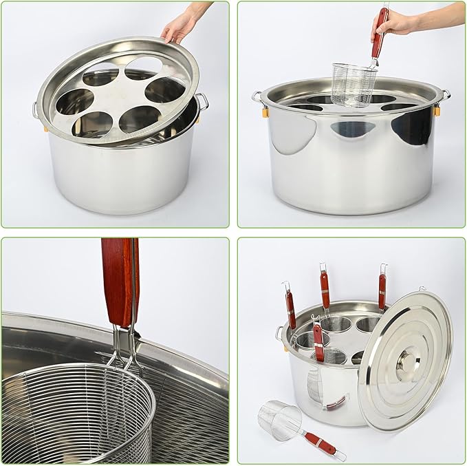 Large Pasta Cooker with Strainer,53.22 Qt. Commercial Pasta Pot,Stainless Steel Pasta Cooker Insert Set with Strainer Basket,Multipots Cooking Tool for Commercial Restaurant,6 Holes