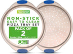 NutriChef 13-Inch Non-Stick Pizza Tray with Silicone Handle - Perforated Round Steel Pan, Dishwasher Safe - 2 Pack - Champagne Gold