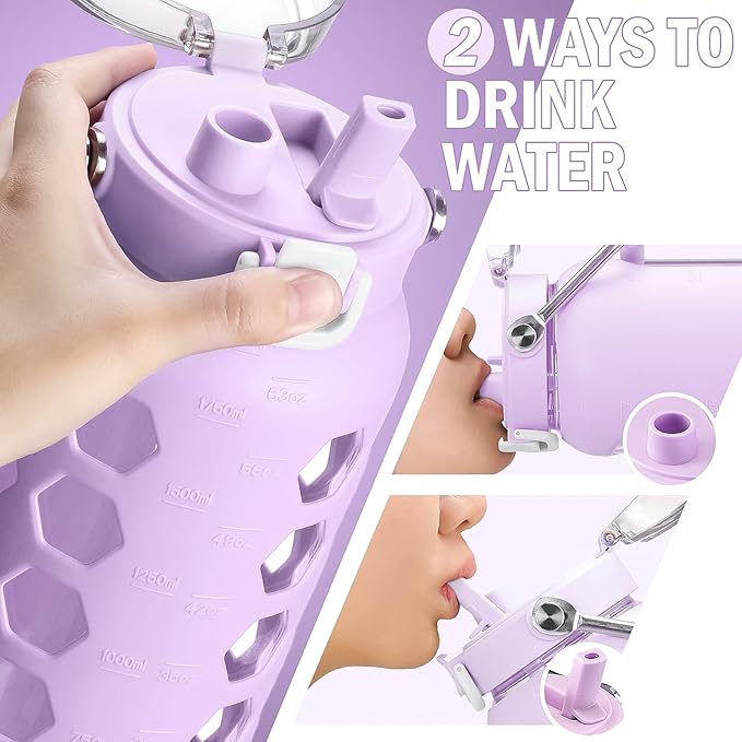 MUKOKO 64oz Glass Water Bottles with Straw and Lid,Half Gallon Water Bottle with Time Marker,Large Glass Water Jug with Silicone Sleeve and Stainless Steel Handle-Purple