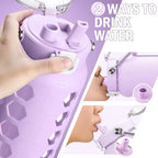 MUKOKO 64oz Glass Water Bottles with Straw and Lid,Half Gallon Water Bottle with Time Marker,Large Glass Water Jug with Silicone Sleeve and Stainless Steel Handle-Purple