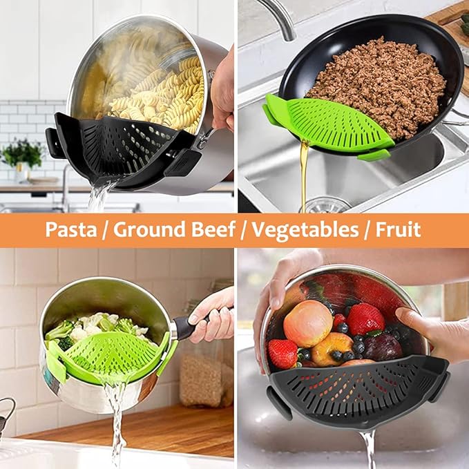 2 PACK Clip on Strainer for Pots Pan Pasta Strainer, Silicone Food Strainer Hands-Free Pan Strainer, Clip-on Kitchen trainer for Spaghetti, Pasta, Ground Beef Fits All Bowls and Pots