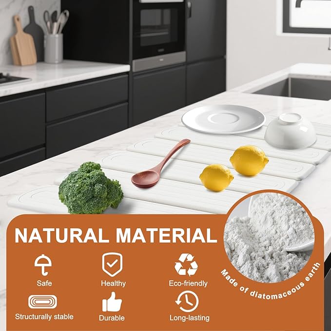 Stone Dish Drying Mat for Kitchen Counter,16"x12",Roll Up Self Drying Dish Mat with Water-Guiding Grooves, Natural Diatomite Quick Dry Stone Mat for Dishes & Utensils