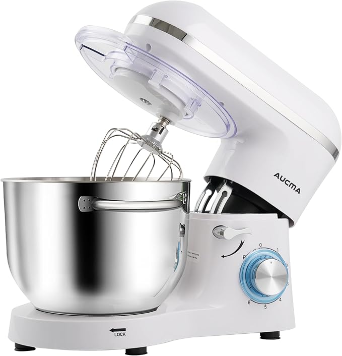 Aucma Stand Mixer,6.5-QT 660W 6-Speed Tilt-Head Food Mixer, Kitchen Electric Mixer with Dough Hook, Wire Whip & Beater (6.5QT, White)