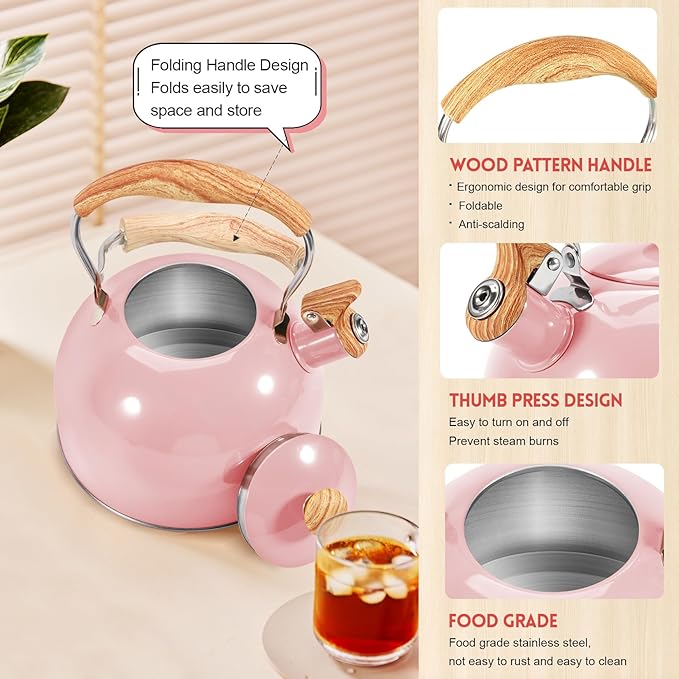 GGC Tea Kettle for Stove Top, 85OZ/2.6QT Whistling Tea Kettles for Boiling Water Milik or Coffee, Pink Stainless Steel Tea Pots with Wood Pattern Folding Handle, Thumb Design Control Kettle Outlet