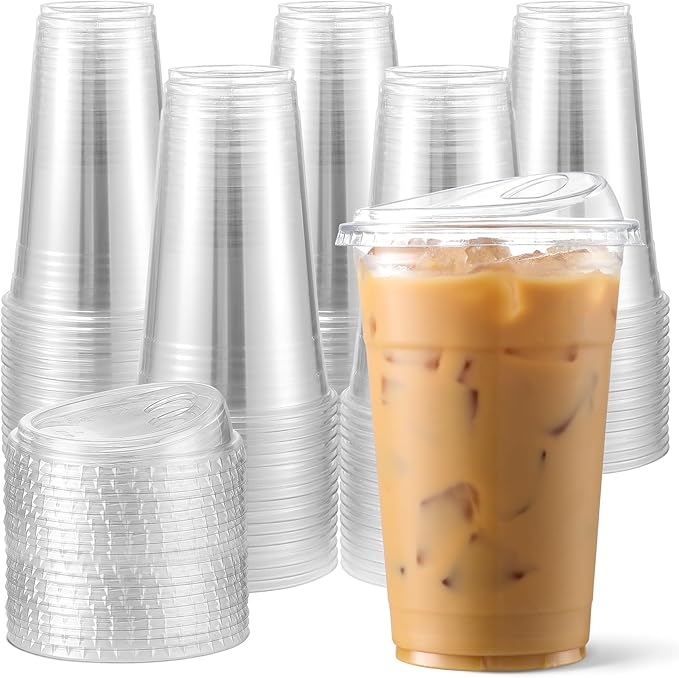 AOZITA 100 Pack - Clear 16 Oz Plastic Cups With Lids, Disposable Iced Coffee Cups With Lids for Party Drinks, Bubble Tea and Cold Beverage, BPA Free & Food Safe