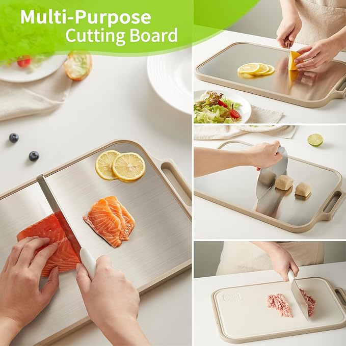 Titanium Cutting Board, Double Sided Cutting Board for Kitchen with Food Grade Pure Titanium and Wheat Straw PP, Easy to Clean, Stand-Up Design