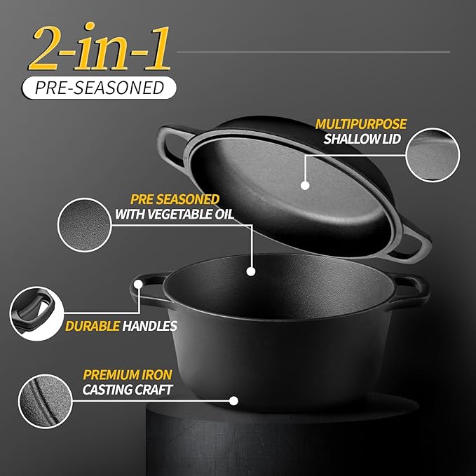 2-in-1 Pre-Seasoned Cast Iron Dutch Oven Pot with Skillet Lid Cooking Pan, Cast Iron Skillet Cookware Pan Set with Dual Handles, Indoor Outdoor for Bread/Frying/Baking/Camping/BBQ, 5 Qt