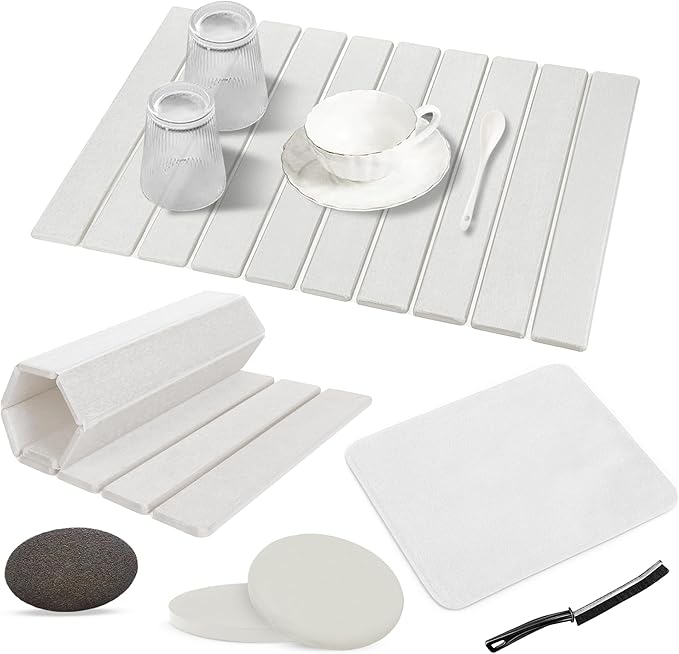 Premium Stone Dish Drying Mat – Large Foldable Kitchen Counter Mat, Super Absorbent Diatomaceous Earth with Coasters, Brush & Anti-Slip Pad – Fast Drying, White