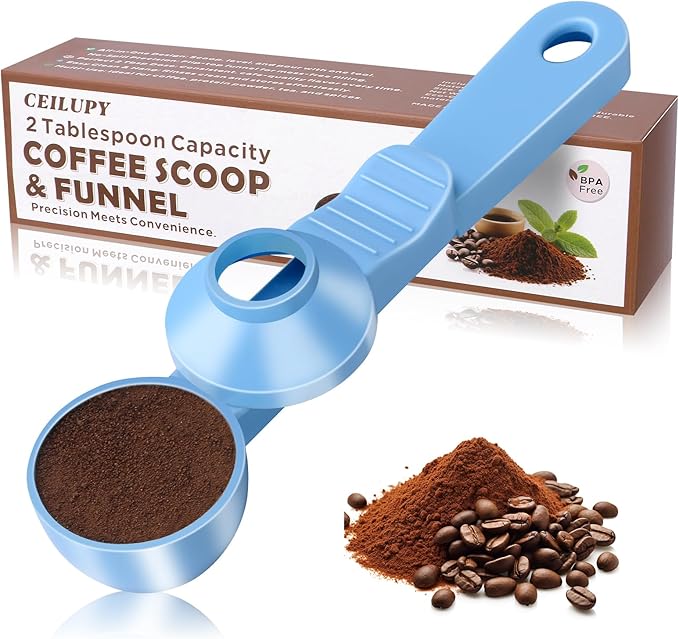 2-in-1 Coffee Scoop with Funnel, 2 Teaspoon Measuring Spoon for Reusable K Cups, Ground Coffee, Protein Powder & Tea, Mess-Free Plastic Design (Light Blue)