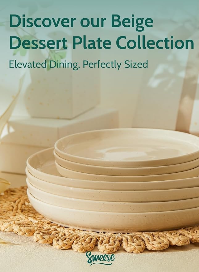 Sweese Porcelain Dinner Plates Set - 10 Inch Beige Round Dishes, 6-Pack, for Salad Serving, Scratch Resistant, Oven, Microwave Safe