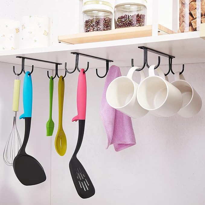 Mug Rack Under Cabinet - Coffee Cup Holder, 12 Mugs Hooks Under Shelf, Display Hanging Cups Drying Hook for Bar Kitchen Utensils Black