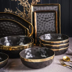 Stone Lain Florian Porcelain 3-Piece Round Bowl Service Set, Black with Gold Rim