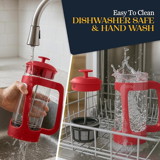 ESPRO P3 French Press Coffee Maker – Patented Double Micro-Filter for Grit-Free Brew, Heat Resistant thicker Borosilicate Glass Coffee press – Red (32oz)