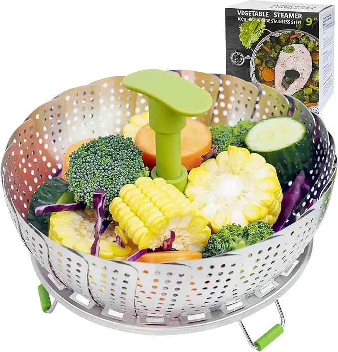 SHIKORI Steamer Basket,Stainless Steel Vegetable Steamer Basket Folding,Folding Expandable Steamers,Expandable to Fit Various Size Pot-T-Green 9 in
