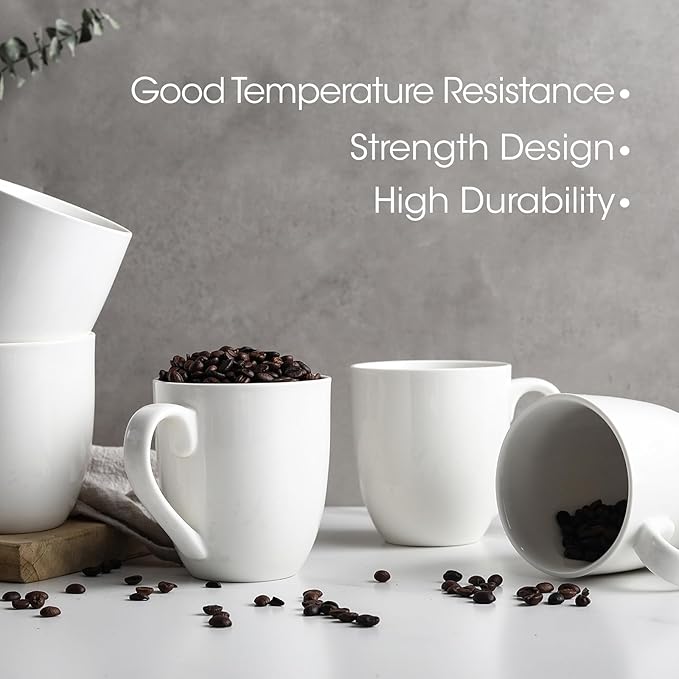 Coffee Mugs Set of 6, 16Oz Large Ceramic Mugs with Comfort Grip, White Porcelain Coffee Cups for Cocoa, Latte, Hot Tea, Cappuccino, Mocha, Milk, Dishwasher Safe, 5.5 x 4.5 inch