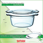 Glass Casserole Dish by Simax Clear Glass Round Casserole Dish with Lid and Handles Covered Bowl for Cooking Baking Serving etc. Microwave Dishwasher Oven and Stove Safe Cookware 1.75 Quart