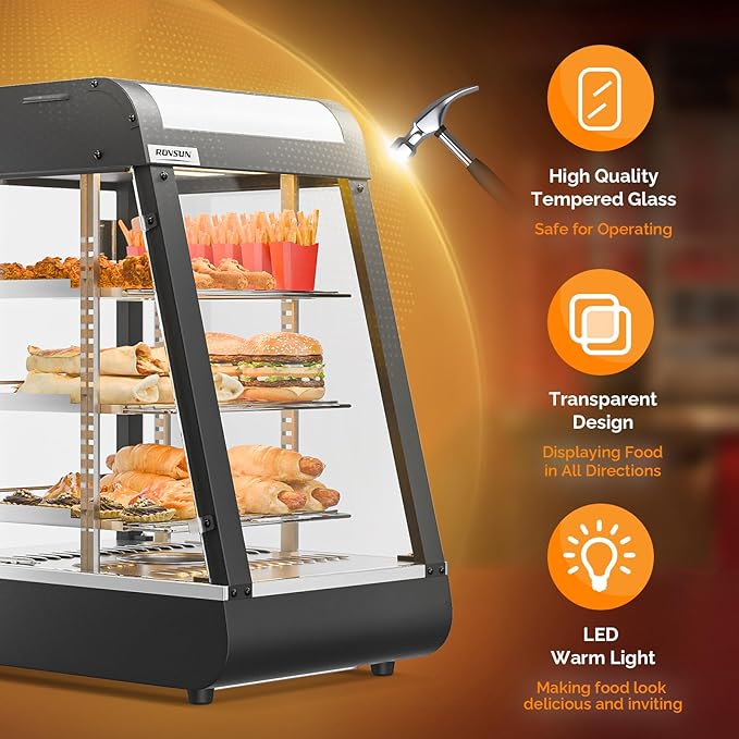 ROVSUN 15" Commercial Food Warmer Display Pizza Warmer, 3-Tier Electric Countertop Food Warmer w/LED Lighting Adjustable Removable Shelves Glass Door, Pretzel Warmer for Buffet Restaurant, 1000W