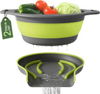 Large Collapsible Colander with Self Draining Base - 5Qt Side Drain Food Strainer for Edge of Kitchen Sink, Green (2 Piece Set)