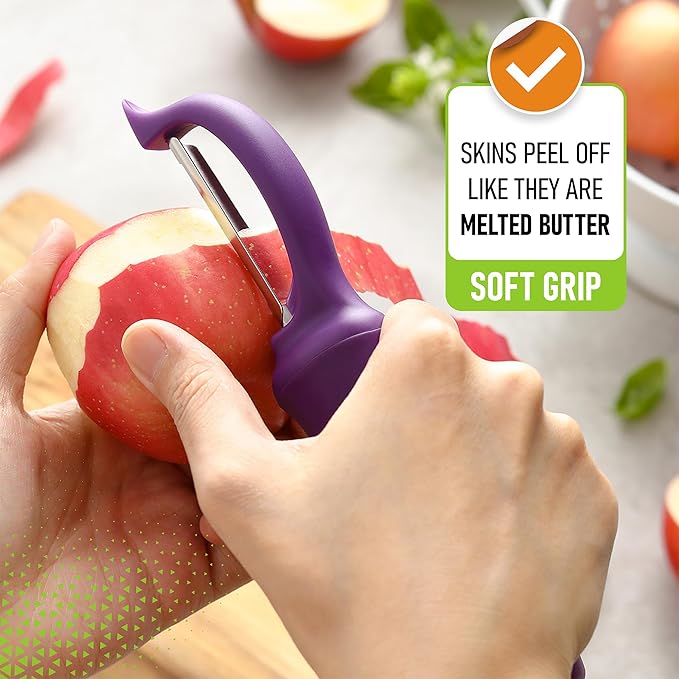 Spring Chef Professional Purple Swivel Potato Peelers for Kitchen, Stainless Steel Veggie Peeler with Soft Grip Handle, Dishwasher Safe, Grate for Peeling Apple, Fruit, Carrot, Cucumber, Purple