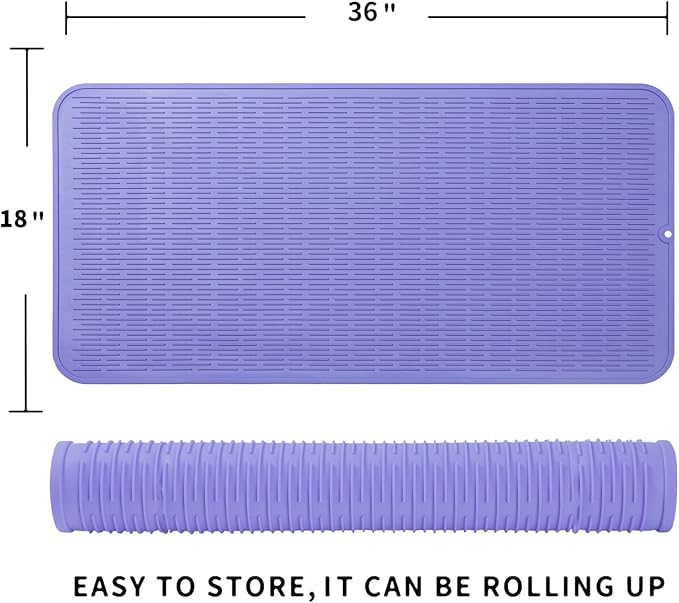 Silicone Dish Drying Mat for Multiple Usage,Easy clean,Eco-friendly,Heat-resistant Silicone Mat for Kitchen Counter or Sink,Refrigerator or Drawer Liner Light Purple 5XL 36inches x 18inches