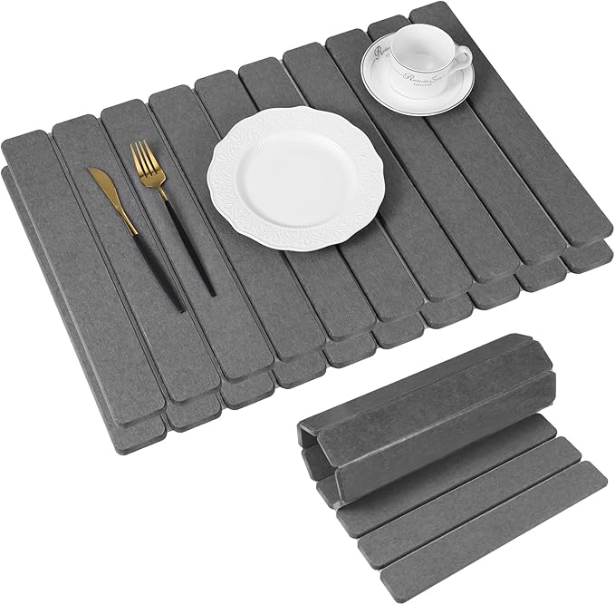 Nuanchu 2pack Large Stone Dish Drying Mat for Kitchen Counter, 23.6"(L)x15.4"(W), Collapsible Diatomaceous Earth Water Absorbing Mat for Dishes Bottles Cups, Match Any Countertop(Dark Grey)