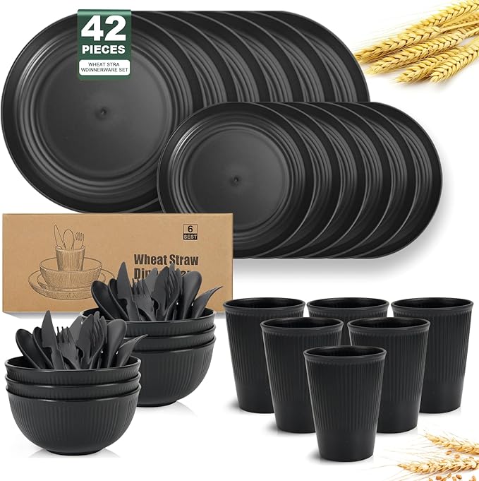 OAMCEG Wheat Straw Dinnerware Set | 42 pcs Plates and Bowls Sets for Kitchen & Camping | Wheatstraw Dinnerware Set Black dish set for 6 (Includes Dinner Plates, Bowls, Cups & Cutlery)