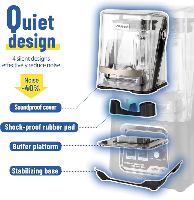 CRANDDI Professional Smoothie Blender, 2200W Commercial Soundproof Quiet blender with Removable Soundproof Shield for Crushing Ice, MilkShakes, Puree, Self-Cleaning, 50oz 110V K80 (Grey)