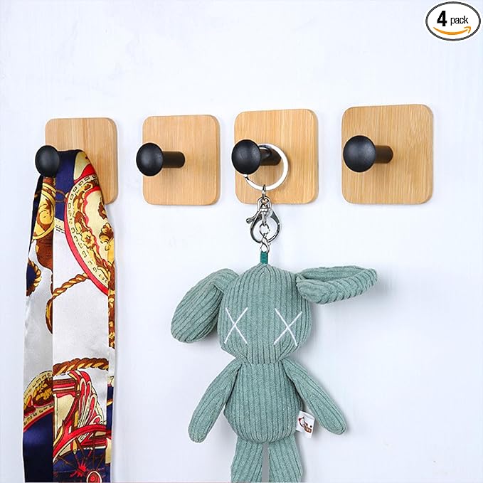 Self Adhesive Wall Hooks for Hanging Heavy Duty,Small Sticky Decorative No Nail Black Hooks,4 Pieces Cute Utility Hooks Damage Free Hanger Hook for Wall Mounted