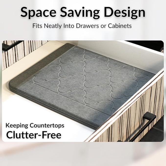 BARTEQ Stone Dish Drying Mat Large - 23.6” X 15.4" Foldable Diatomaceous Stone Drying Mat for Kitchen Counter | Fast Absorbtion | Non-Slip Quick Drying Stone Mat | Moroccan Trellis Grey