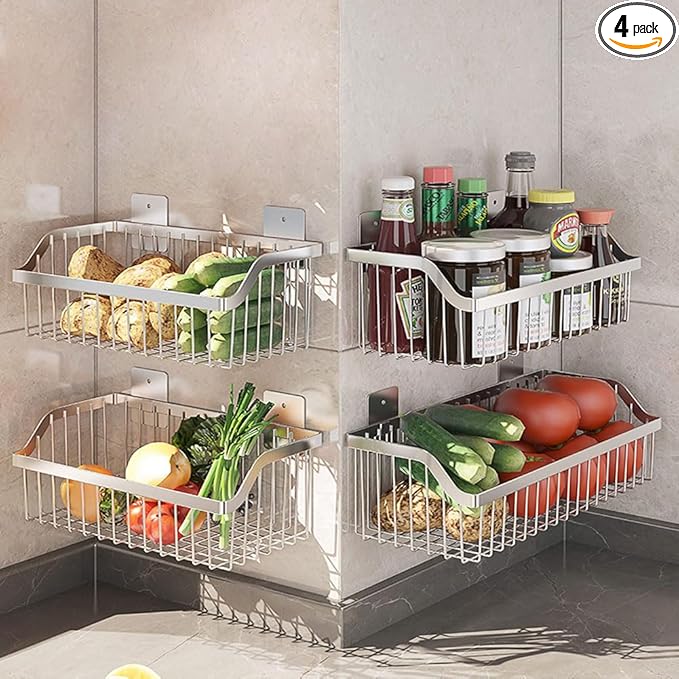 4 Set Hanging Wall Mount Storage Baskets, Multiuse Sturdy SUS304 Stainless Steel Organizing Baskets for Home Kitchen, Bathroom, Pantry Utility, Laundry Organizer,L15.75Inch, D 6.3Inch, H 4.75Inch