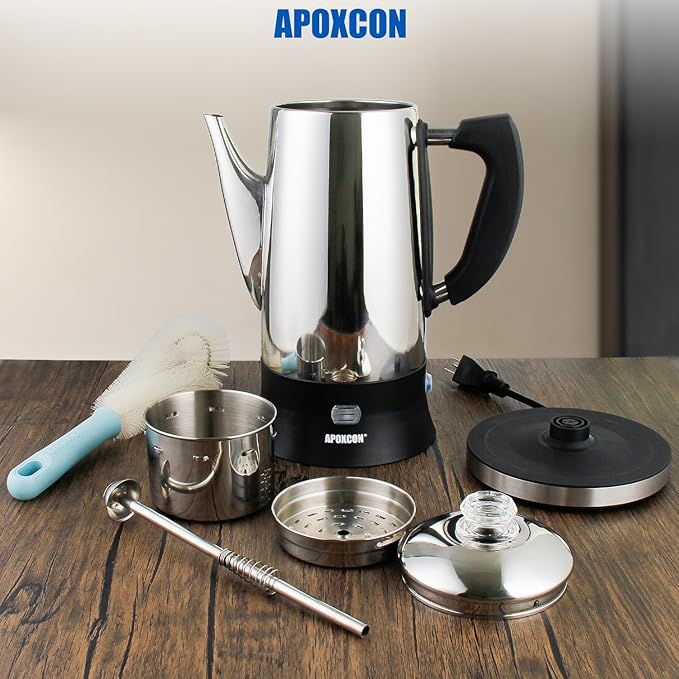 Electric Coffee Percolator Stainless Steel Coffee Maker with Clear Brew Progress Tough Glass Knob and On/OFF Switch Classic Coffee Pot with Keep Warm & Cordless Serve No Aluminum (12 Cup)