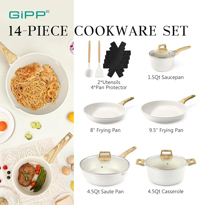 GiPP Pots and Pans Set Non Stick - 14 Pcs White Granite Kitchen Cookware Sets Nonstick Induction Cookware Cooking Pan Set with Frying Pans, Saucepans and Silicone Utensils, PFOS & PFOA Free