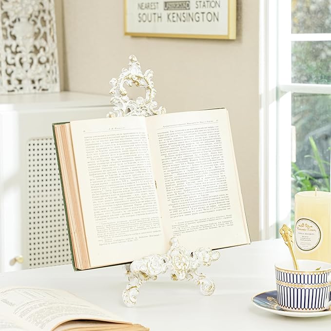 Sungmor Vintage Cast Iron Cookbook Stand, Small Ornate Easel Fleur De Lis Stand, 15.5" Tall Antique White Table Top Display Holder for Recipe Book, Picture Frame, Plate, Home Kitchen Decor