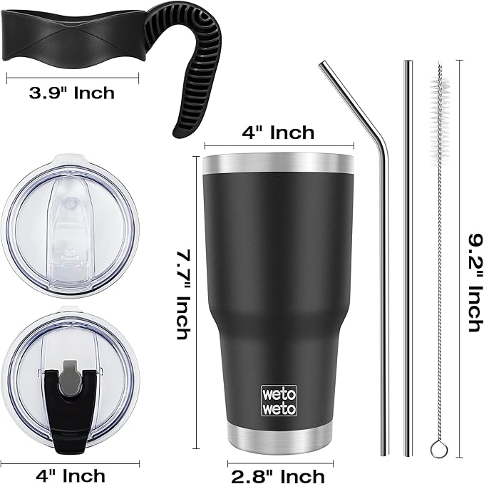 WETOWETO 30oz Insulated Tumbler With 2 Lids and 2 Straws, Stainless Steel Double Vacuum Coffee Tumbler Cup with Handle, Powder Coated Travel Mug for Home, Office, Travel, Party (Black, 1 Pack)