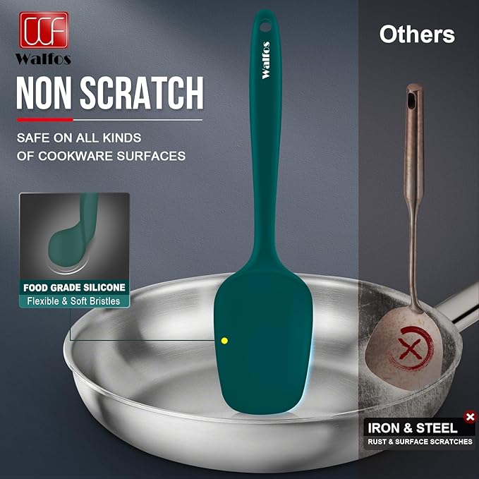 Walfos Silicone Spatula Set of 5 - (600°F) High Heat Resistant Dark Green Kitchen Scraper Spatulas, One-Pieces Seamless Design, Perfect for Cooking Mixing & Baking - BPA Free and Dishwasher Safe