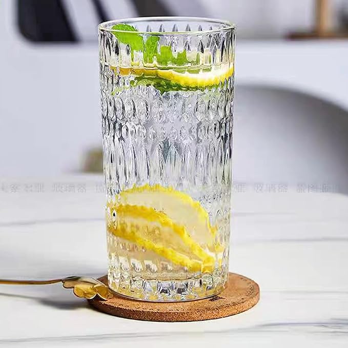 Highball Glasses [Set of 4] - 15oz Vintage Glass Cups Fits Dinner Party - Unique Texture, Dishwasher Safe