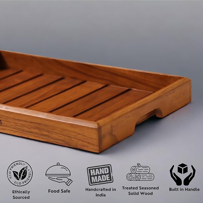 Large Teak Wood Serving Tray for Home, Kitchen, Breakfast, Restaurant, Office Organizer, Dining Table | Premium Wooden Tray |15 * 10 * 1.5 Inches | Handmade in India