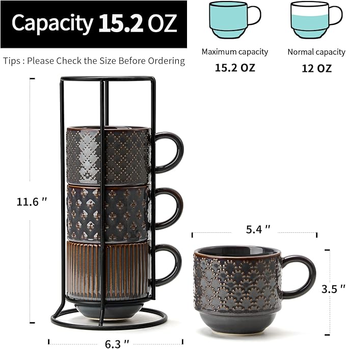 JIEMEI HOME Large Ceramic Coffee Mug Set of 4 with Stand, 15 Oz Stackable Embossment Ribbed Latte Cup Set for Cappuccino, Latte, Tea, Hot Cocoa, Drinks - Dishwasher & Microwave Safe, Dark Purple