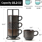 JIEMEI HOME Large Ceramic Coffee Mug Set of 4 with Stand, 15 Oz Stackable Embossment Ribbed Latte Cup Set for Cappuccino, Latte, Tea, Hot Cocoa, Drinks - Dishwasher & Microwave Safe, Dark Purple