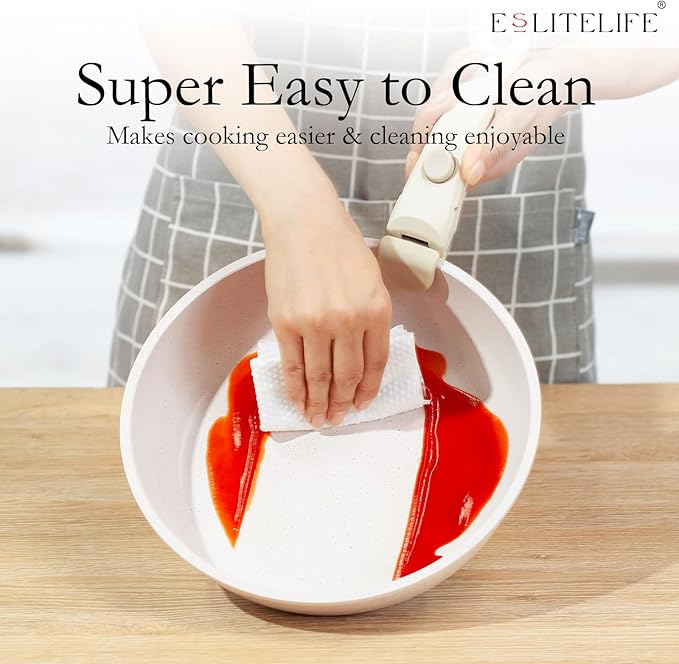 ESLITE LIFE Nonstick Cookware Sets with Detachable Handle,Ceramic Coating Pots and Pans Set Kitchen Cooking Set, Compatible with All Stovetops, PTFE & PFOA Free, White, 10 Pcs Set