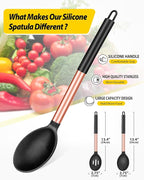 Pack of 2 Large Silicone Cooking Spoons,Non Stick Solid Basting Spoon,Heat-Resistant Kitchen Utensils for Mixing,Serving,Draining,Stirring (ROSE GOLD BLACK)