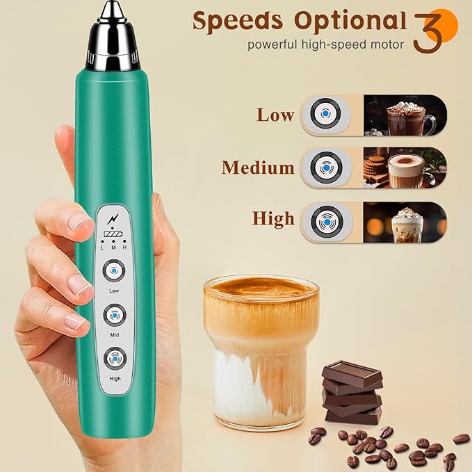 Milk Frother Handheld Rechargeable with Stand, Frother Wand Drink Mixer Electric Whisk for Coffee, Detachable With 3 Stainless Whisks, Hand Mixer for Lattes, Cappuccino, Matcha, Egg, Green