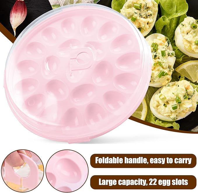 HANSGO Deviled Egg Containers with Lid, Deviled Egg Platter Carrier Holder Trays with 22 Slots for Holiday Party and Home Kitchen, Pink