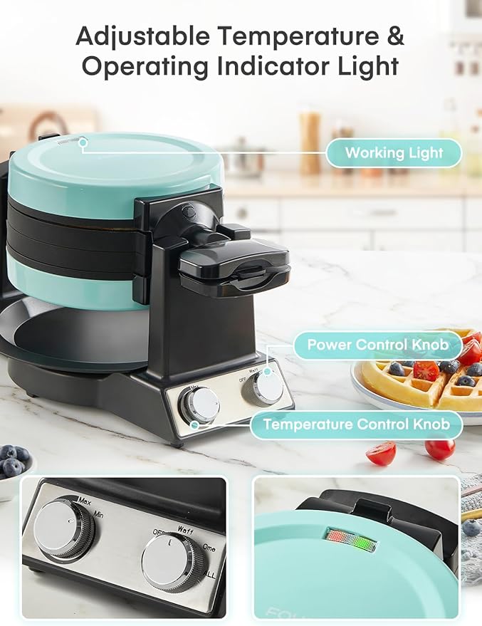 FOHERE 2-in-1 Waffle Maker & Omelette Maker, 1400W Double Belgian Waffle Iron 180° Flip, Adjustable Browning Control, Rotating & Nonstick Pans, Removable Drip Tray, Cool Touch Handle (Mint Green)