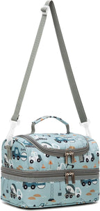 Insulated Kids Dual Compartment Lunch Bags Tote for Girls Boys Toddler Lunch Boxes Pre-School Toddler Kindergarten Picnic Camp Food Cooler Thermal with Strap (Z Light Blue Car)