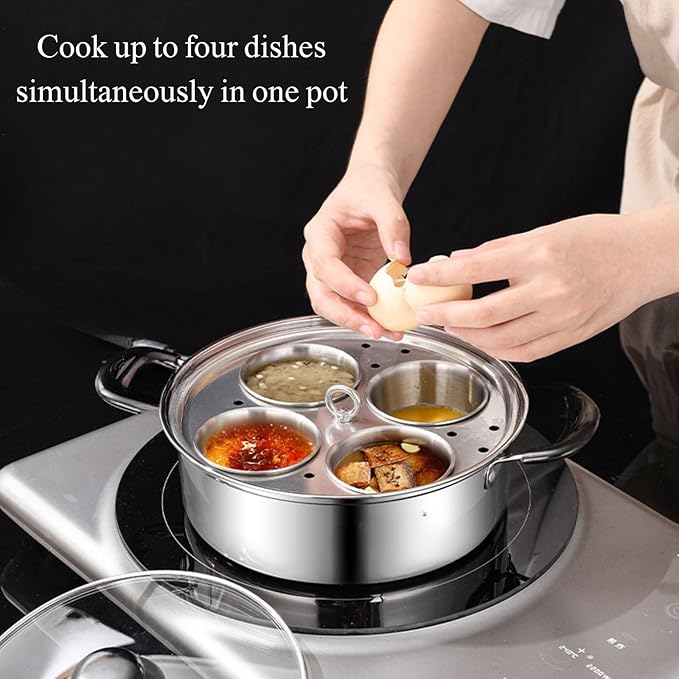 Egg Poacher Pan - 4 Poached Egg Cups, Poached Egg Cooker, Stainless Steel Egg Poaching Pan with Silicone Spatula
