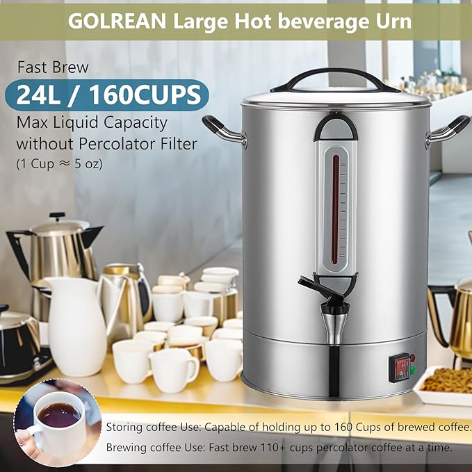 Commercial Coffee Urn 24L 160Cup Stainless Steel Quick Brew Hot Dispenser for Catering, Commercial Grade Large Capacity Coffee Maker For Meeting Rooms, Church, School, Stainless Steel