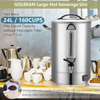 Commercial Coffee Urn 24L 160Cup Stainless Steel Quick Brew Hot Dispenser for Catering, Commercial Grade Large Capacity Coffee Maker For Meeting Rooms, Church, School, Stainless Steel