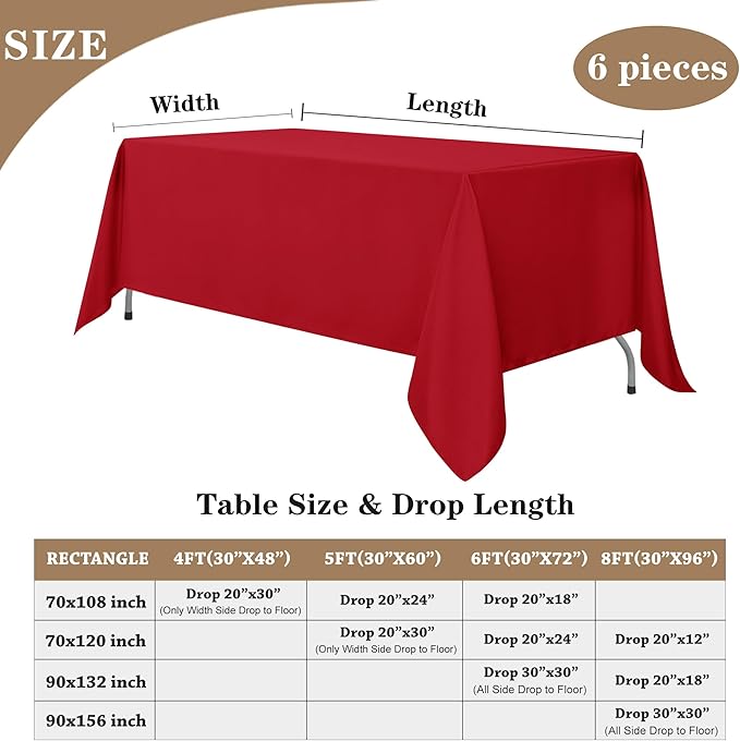Fitable Red Rectangle Table Clothes, 6 Pack - 90 x 156 Inch - Reusable and Washable Tablecloths, Polyester Fabric Table Covers for Wedding, Party, Banquet, Formal Events