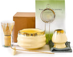 XiaoQuilismic-Matcha Whisk Set: Bamboo blender, matcha bowl, cute stand, ritual tool, Sieve - Family travel with golden texture details, 7-piece set, suitable bowl (yellow)